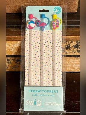 NEW SWIG • SET OF 3 Summer Straws & Toppers–Pink Flamingo🦩•Beach Ball•Flip Flops